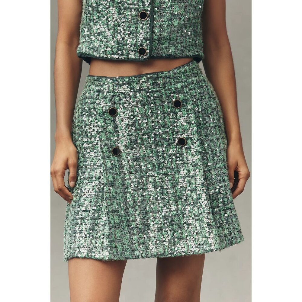 Anthropologie Maeve Sequin Tweed Mini Skirt Green L